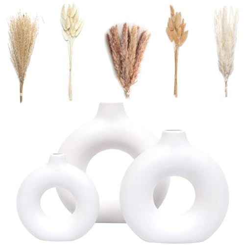 VELOVA Set of 3 White Ceramic Vases with Dried Pampas Grass for Aesthetic Boho Decor in Living Room Bedroom Office Gifts for Women and Moms