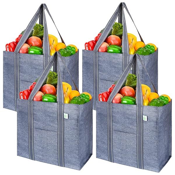 VENO 4 Pack Reusable Grocery Bags with Hard Bottom Heavy Duty Shopping Bags for Shopping Cart Gray 4 Pack