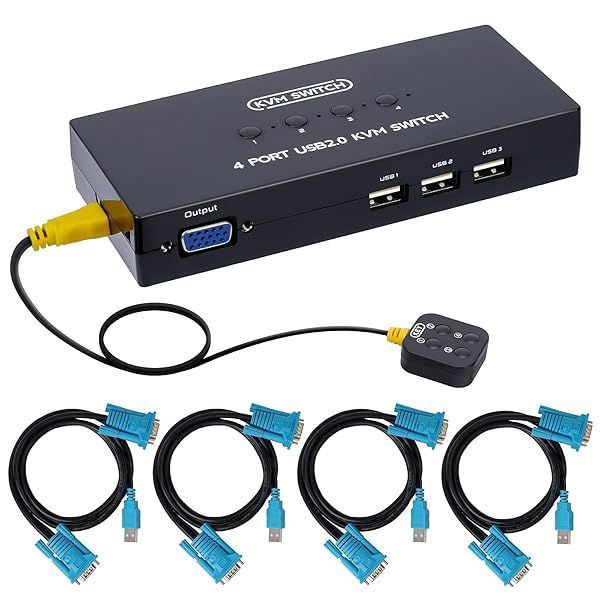 VGA KVM Switch 4 Port: Share 1 Monitor & 3 USB Devices with Ease - Includes Cables & Desktop Control