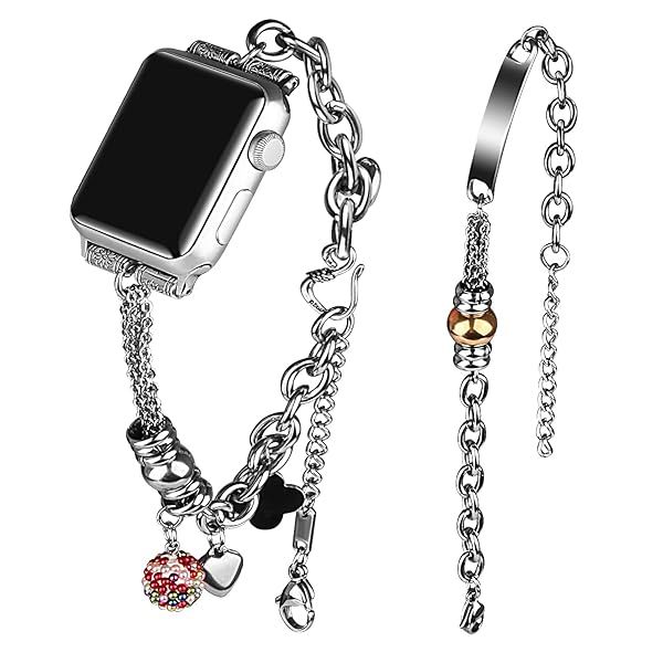 VIIVY VIYIV Bling Bands for Apple Watch 38mm 40mm 42mm 44mm Women's Rhinestone Charms Double Tour Chain Bracelet Stainless Steel