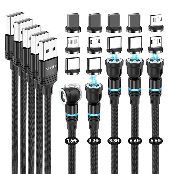 VISAGLOR Magnetic Charging Cable 5-Pack Rotating USB Cords Nylon Braided for Type C Micro USB iProduct 1.6 to 6.6FT Lengths