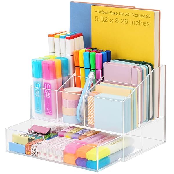 VITVITI Acrylic Desk Organizer: 7-Compartment Clear Pencil Storage with Drawer for 500+ Pencils - Perfect Office Supply Solution