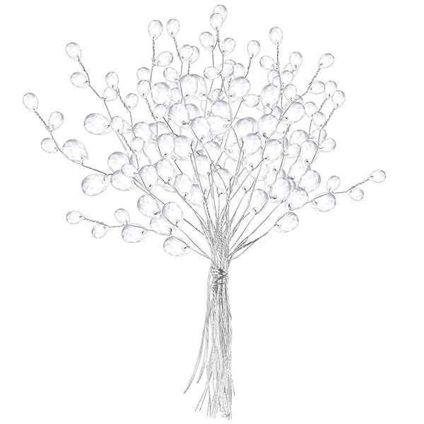 VOSAREA 50 Stems Artificial Bouquets with Acrylic Bead Drops for Wedding DIY Crafts White 17cm