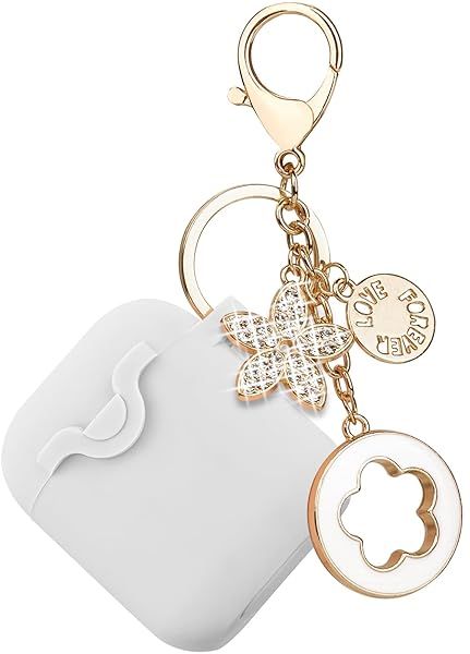 VOTILE Secure Lock Silicone Case for AirPods 1 and 2 with Bling Keychain Soft Protective Cover for Women and Girls Grey