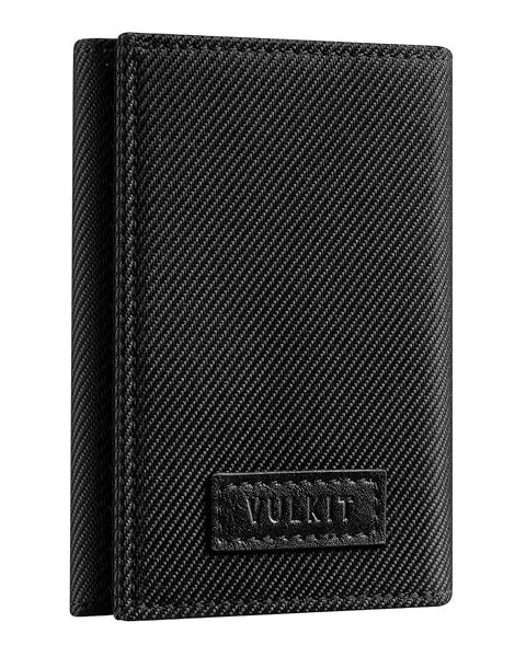 VULKIT Minimalist Leather RFID Blocking Trifold Wallet Slim Credit Card Holder with ID Windows and Zipper Pocket for Men Black