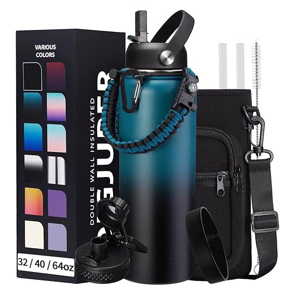 40oz Vacuum Insulated Water Bottle with Straw and Spout Lids Paracord Handle and Shoulder Carrier Bag Stainless Steel Thermo Hydro Flask