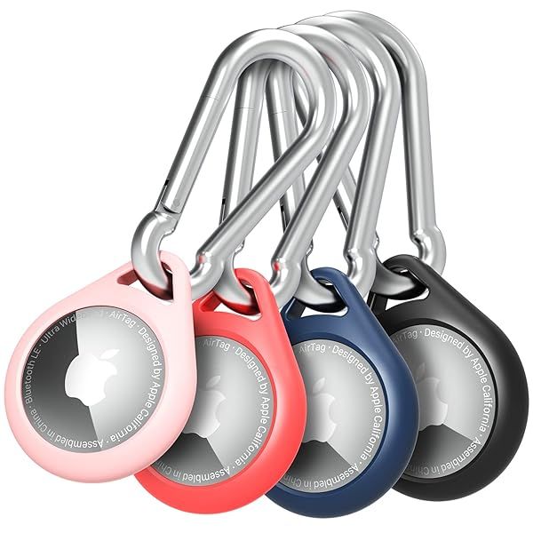 Vena Protective Silicone Case for Apple Airtag 4 Pack with AntiRust Carabiner for Keychain Pet Collar Backpack Luggage Black Red Blue Pink