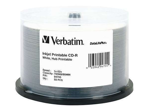 Verbatim CD-R 700MB 52X DataLifePlus White Inkjet Printable - 50 Pack Spindle for High-Quality Printing