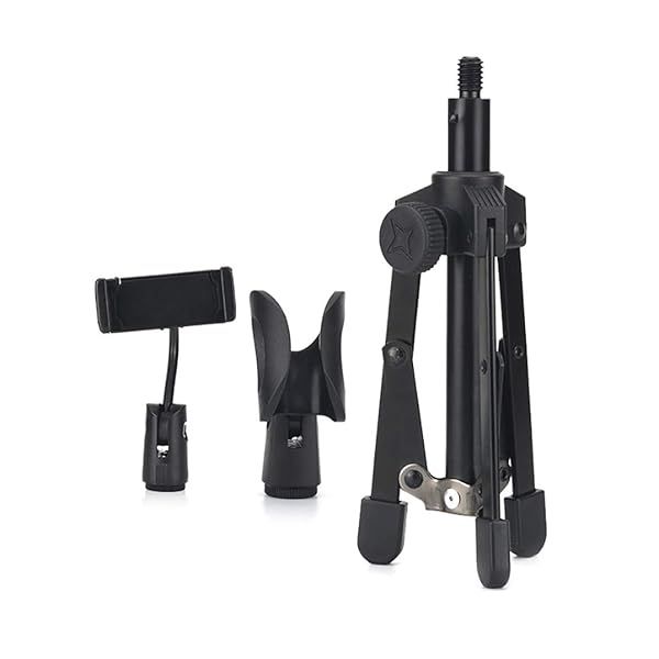 Vilihy Foldable Tripod Desktop Microphone Stand Holder with Microphone and Phone Clips for Streaming and Recording