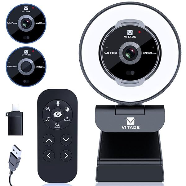 Vitade 1080P Zoomable Webcam with Remote, Ring Light & Microphone for Streaming on PC, Mac, Zoom & Skype