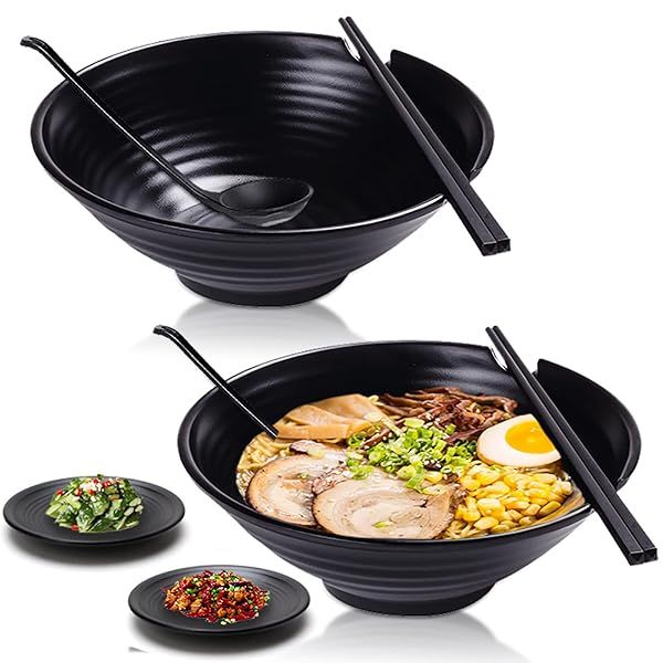 Vivimee Unbreakable Japanese Ramen Bowl Set - 2 Large Matte Melamine Bowls with Spoons & Chopsticks for Pho, Udon & Asian Cuisine