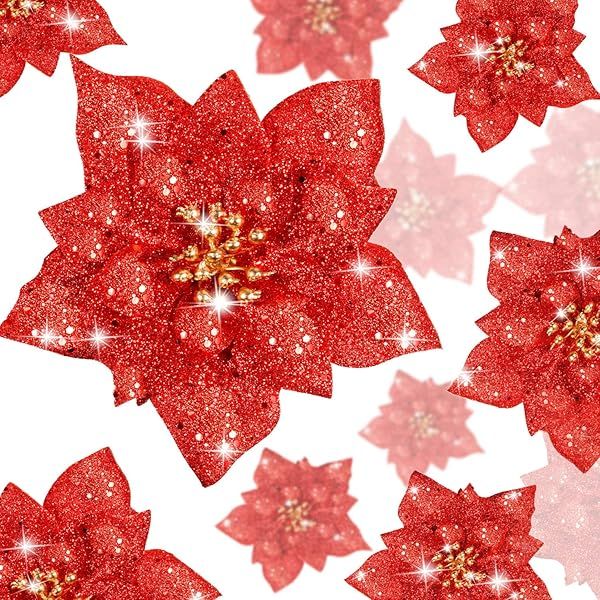 WILLBOND 36 Pieces Christmas Glitter Poinsettia Faux Flowers for Wedding Xmas Tree New Year Decorations Red