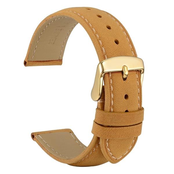 WOCCI 16mm Vintage Leather Watch Band for Men and Women with Gold Buckle in Tan Color