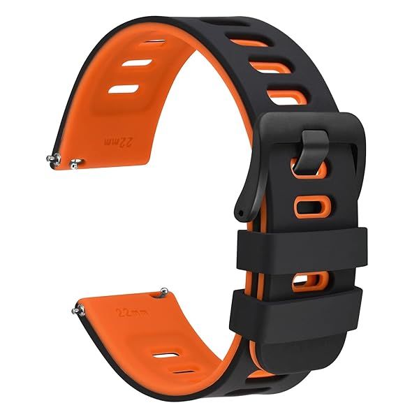 WOCCI 18mm Bicolor Watch Band, Silicone Rubber, Quick Release Replacement Strap for Men and Women, Black Stainless Steel Buckle (Black-Orange)