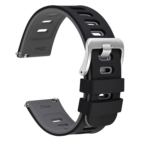 WOCCI 18mm Bicolor Watch Band, Silicone Rubber, Quick Release Replacement Strap for Men and Women, Silver Stainless Steel Buckle (Black-Grey)