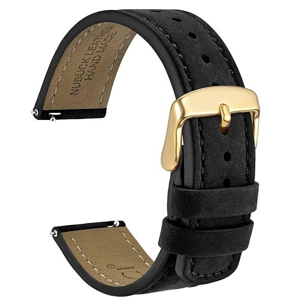 WOCCI 18mm Retro Leather Watch Band for Men and Women, Quick Release Replacement Strap with Golden Buckle (Black)
