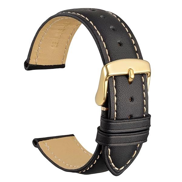 WOCCI 18mm Vintage Leather Watch Band for Men and Women with Gold Buckle in Black and Beige Seam