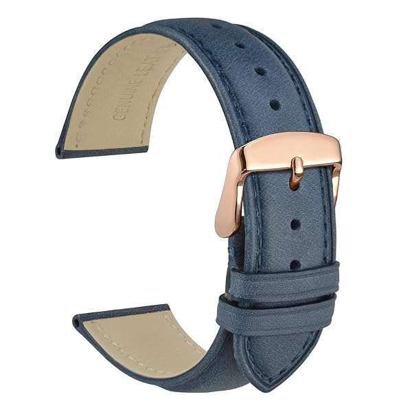 WOCCI 18mm Vintage Leather Watch Band in Blue with Rose Gold Buckle - Stylish Replacement Strap