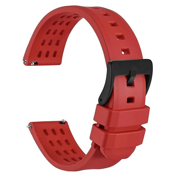 WOCCI 20mm Rally Watch Band, FKM Rubber Strap, Quick Release, Black Matte Buckle (Red)