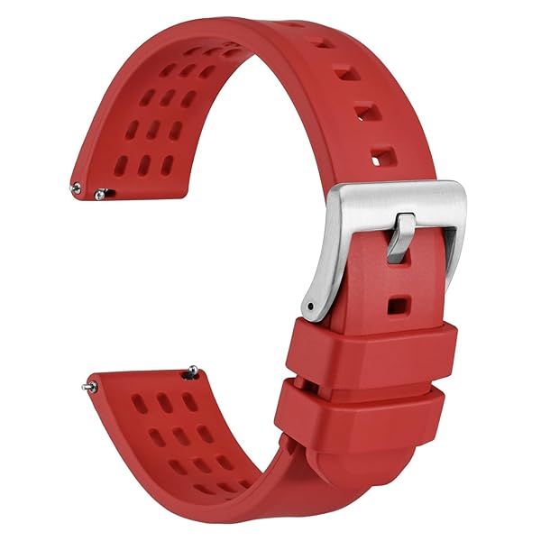 WOCCI 20mm Rally Watch Band, FKM Rubber Strap, Quick Release, Silver Brushed Buckle (Red)