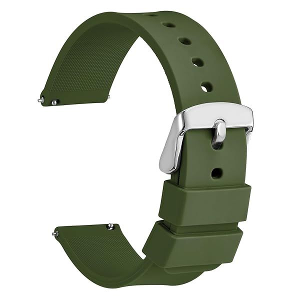 WOCCI 21mm Silicone Watch Band Quick Release Rubber Strap with Silver Buckle Military Green