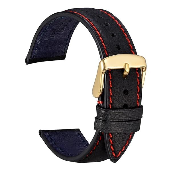 WOCCI 22mm Nubuck Leather Watch Band Black with Golden Stainless Steel Buckle Replacement Strap