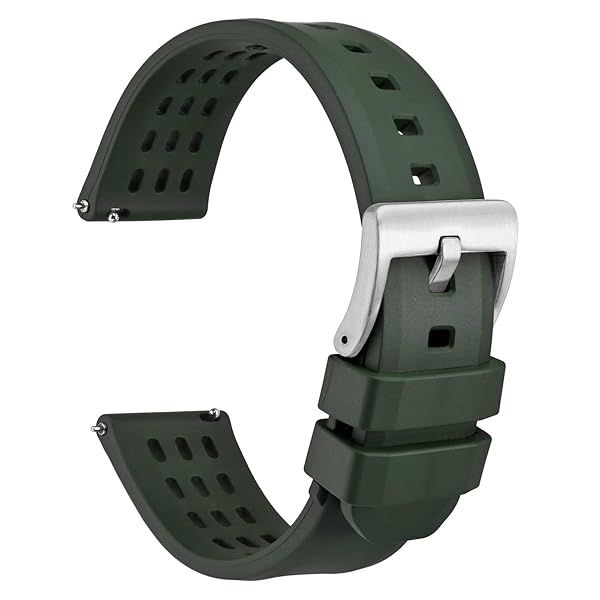 WOCCI 22mm Rally Watch Band, FKM Rubber Strap, Quick Release, Silver Brushed Buckle (Green)