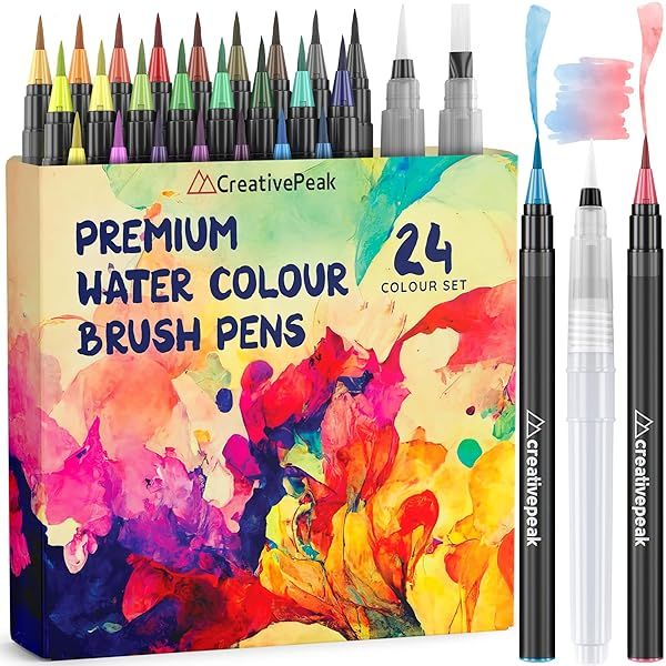 Watercolor Brush Pens 24 Vibrant Soft Tip Markers with Blending Brushes Premium Art Supplies for Calligraphy Lettering Coloring Journaling
