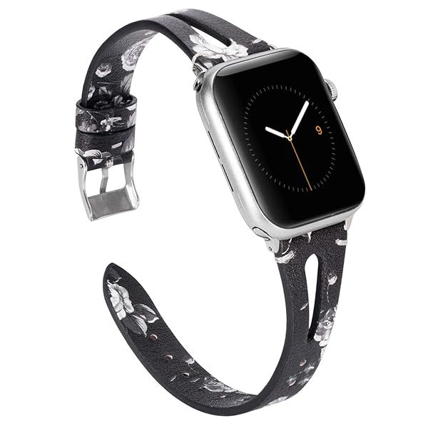 Wearlizer Black White Floral Leather Apple Watch Bands 38mm 40mm 41mm Compatible with iWatch SE Triangle Hole Strap Replacement Silver Clasp