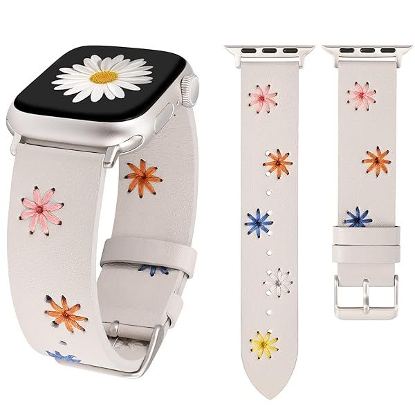 Wearlizer Floral Leather Band Compatible with Apple Watch Bands Women 41 40 38 42mm(Series 11 10), Feminine Boho Soft Leather Strap with Cute Daisy