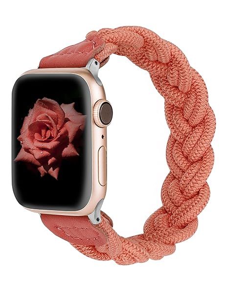 Wearlizer Slim Elastic Braided Apple Watch Bands 42mm 44mm for Women Stretchy Woven Replacement Strap Hot Pink S