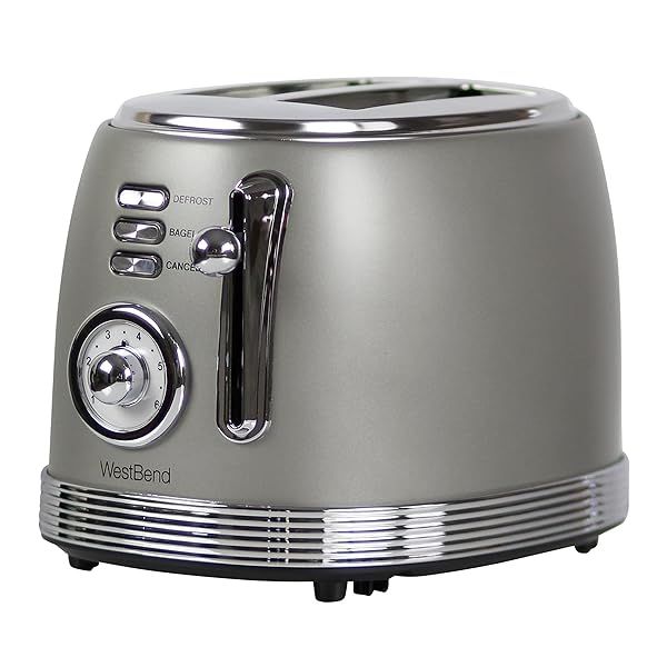 West Bend Retro 2-Slice Toaster: Stainless Steel, 4 Functions, 6 Shade Settings, 850W - Gray