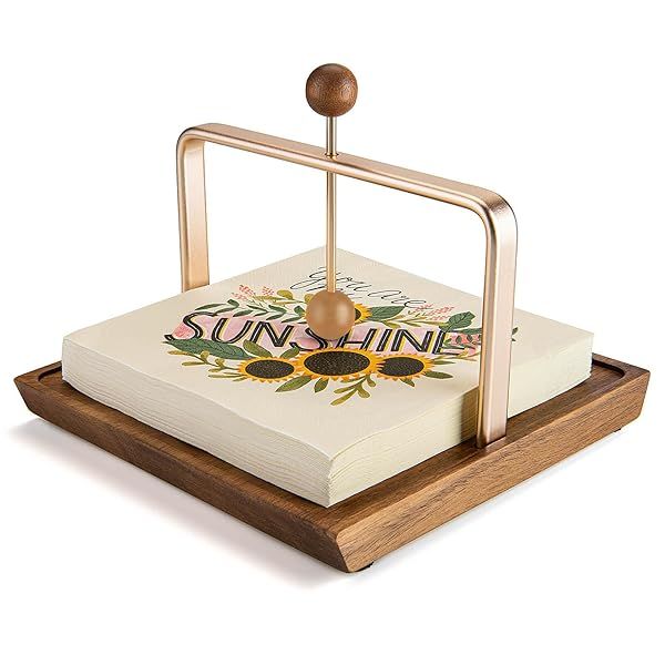 Wood Napkin Holder for Table, Square Tabletop Napkin Dispenser with Sophisticatedly Metal Center Bar, Cocktail Napkin Holder for Home, Kitchen,