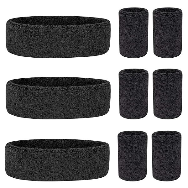 Wristbands Sweatband Set 9 Pieces with 3 Headbands and 6 Wristbands in Black for Sports and Fitness