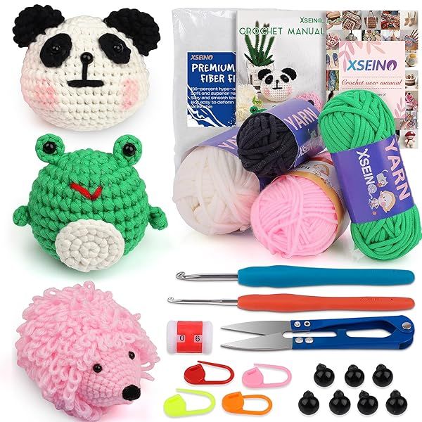 XSEINO Crochet Kit for Beginners with Video Tutorials Learn to Crochet for Adults and Kids Panda Frog Hedgehog Designs