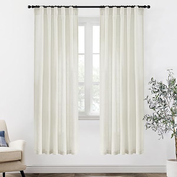 XTMYI 78 Inch Long Linen Sheer Curtains 2 Panels Set Back Tab Pleated Boho Light Filtering Semi Sheer for Sliding Glass Door Cream Ivory