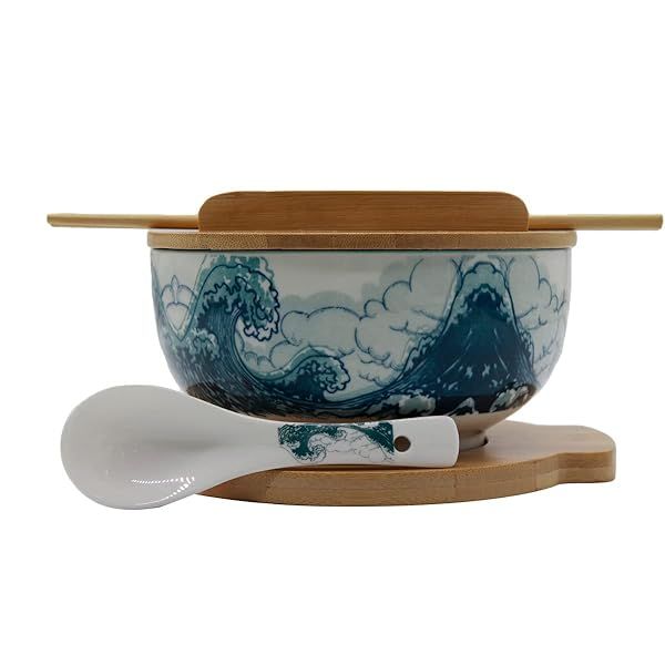 XWORLD Japanese Ceramic Ramen Noodle Bowls Set with Spoon Chopsticks Lid Trivet 33.8 OZ Microwavable Oven Safe Blue Sea
