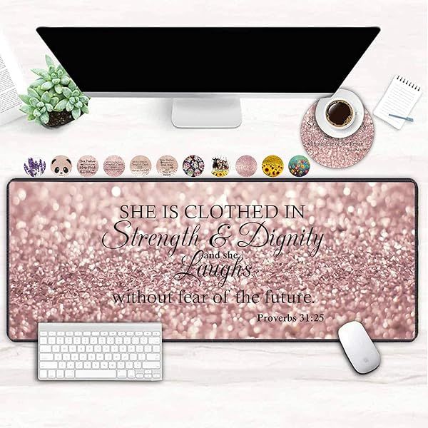 XXL Large Gaming Mouse Pad with Non-Slip Base & Cup Coaster - Ergonomic Pink Glitter Design Featuring Proverbs 31:25