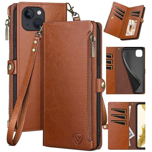 XcaseBar iPhone 15 Wallet Case Zipper Credit Card Holder RFID Blocking Flip Folio PU Leather Shockproof Cover Light Brown