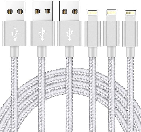 Ximytec Mfi Certified iPhone Charger Cable 3Pack 10ft Nylon Braided High Speed USB Cord Compatible with iPhone 12 11 XS XR X 8 7 6 5 iPad Silver Gray