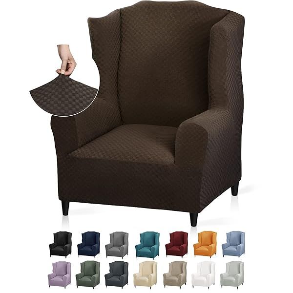 YEMYHOM Stretch Wingback Chair Slipcover Jacquard Design Non Slip Furniture Protector for Living Room Dark Coffee