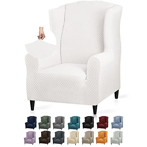 YEMYHOM Stretch Wingback Chair Slipcover Jacquard Design Non Slip Furniture Protector for Living Room White