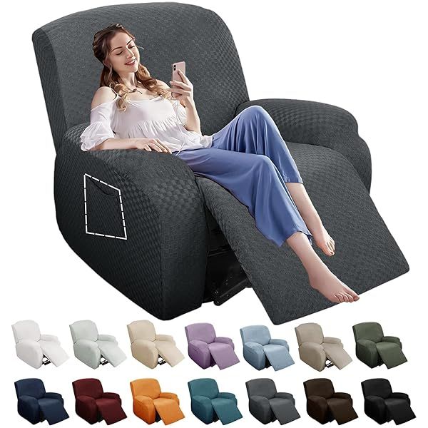 YEMYHOM 4 Pieces Stretch Recliner Slipcover Jacquard Anti-Slip Fitted Cover with Side Pocket Dark Gray Couch Furniture Protector