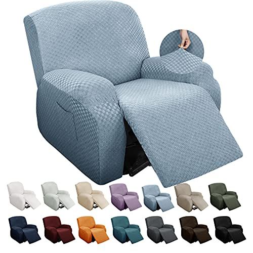 YEMYHOM 4 Pieces Stretch Recliner Slipcover Jacquard Chair Cover with Side Pocket Anti-Slip Fitted Light Blue Furniture Protector