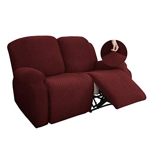 YEMYHOM 6 Pieces Stretch Loveseat Recliner Slipcover Jacquard Fitted Sofa Cover with Side Pocket Elastic Bottom Wine Red