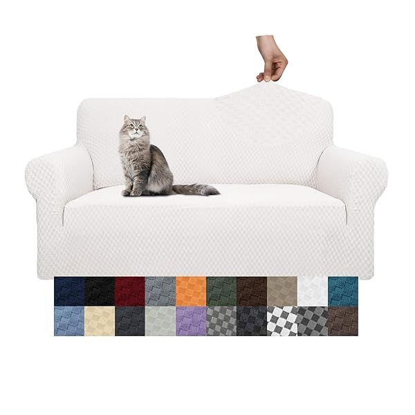 YEMYHOM High Stretch Jacquard Couch Cover for 2 Cushion Sofa Pet Proof Non Slip Furniture Protector Medium White