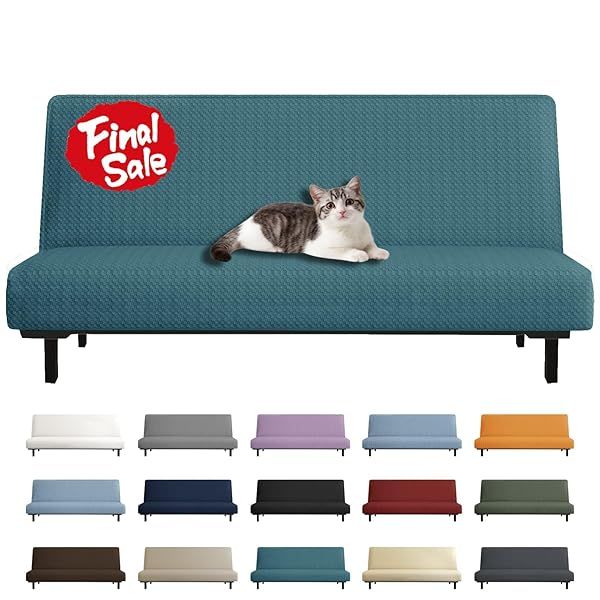 YEMYHOM Futon Cover Jacquard Design High Stretch Armless Sofa Bed Slipcover Anti-Slip Furniture Protector Peacock Blue