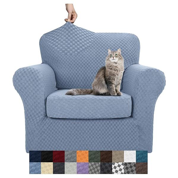 YEMYHOM Checkered Chair Covers Set of 2 High Stretch Thickened Anti Slip Armchair Slipcovers for Living Room Light Blue 31