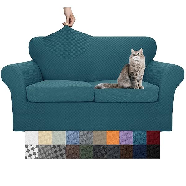 YEMYHOM Checkered 3 Piece Couch Covers for 2 Cushion Sofa High Stretch Anti Slip Protector for Dogs Pets Teal 55