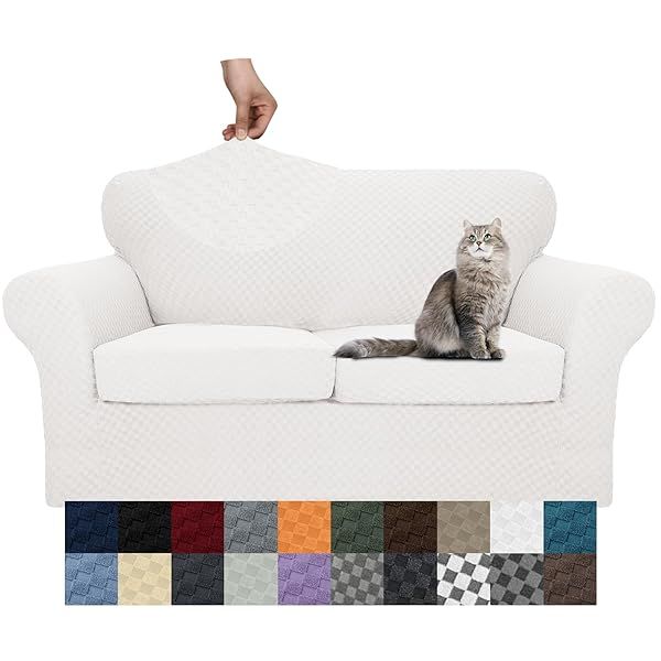 YEMYHOM Checkered 3 Piece Couch Covers for 2 Cushion Sofa High Stretch Anti Slip Protector for Dogs and Pets White 55-69 Inches